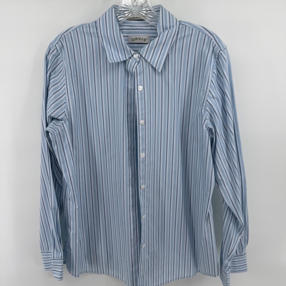 Orvis Womens Blue White Striped Wrinkle‎ Resistant Cotton Button Down Shirt 10